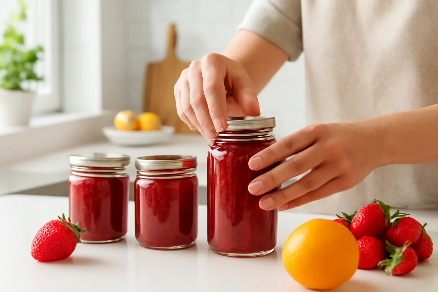 Tay người đóng hũ mứt thuỷ tinh không nhãn trên bàn bếp gia đình sáng sủa