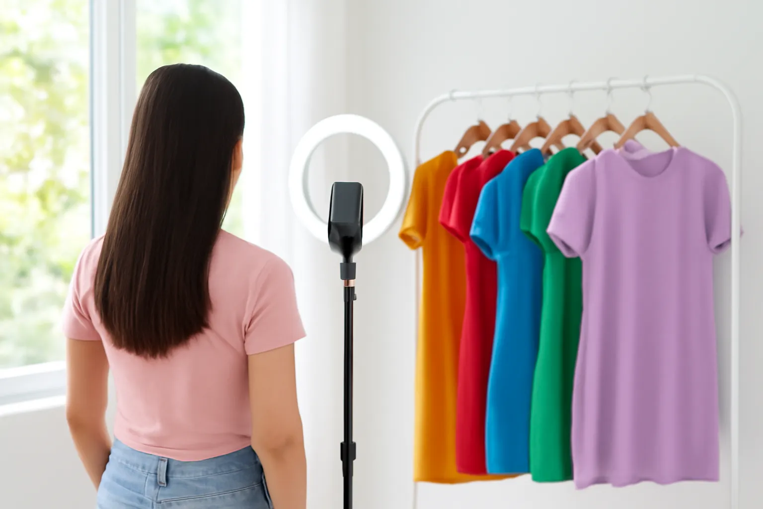 Góc livestream bán quần áo có giá đỡ điện thoại và đèn vòng