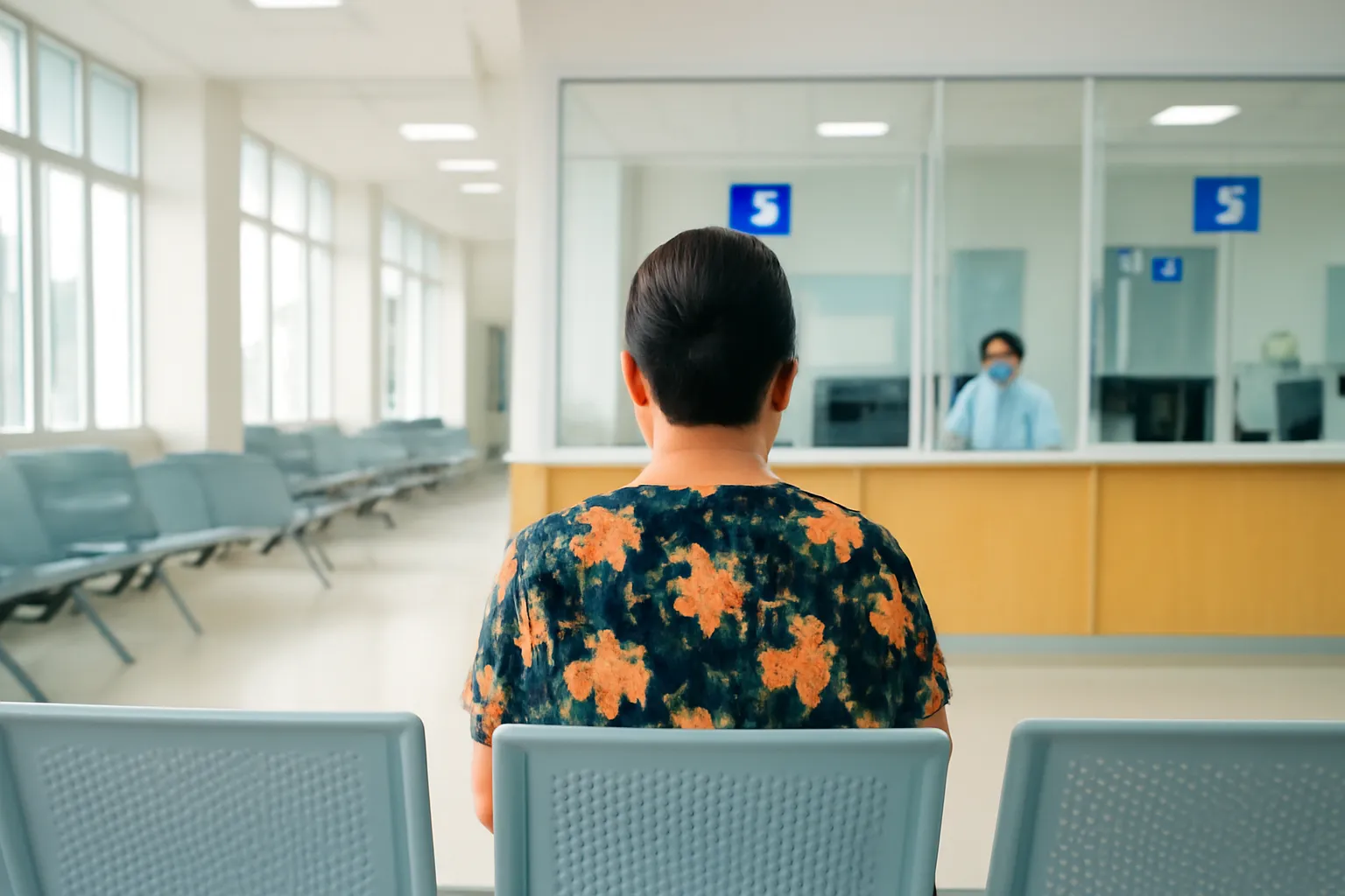 Người phụ nữ trung niên đứng chờ ở quầy giao dịch trong sảnh sáng sủa