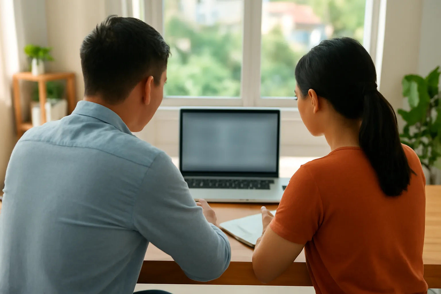 Hai người ngồi trước laptop trong văn phòng nhỏ, nhìn từ phía sau
