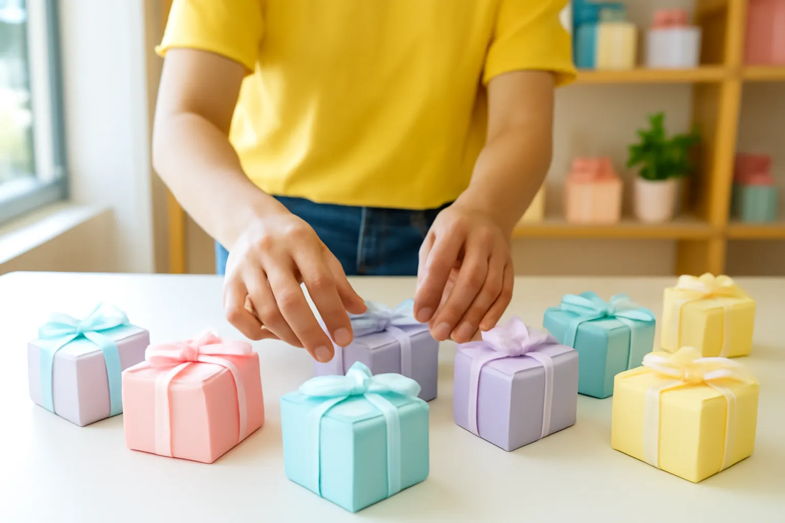 Bàn tay xếp những hộp quà thắt ruy băng trên bàn sáng