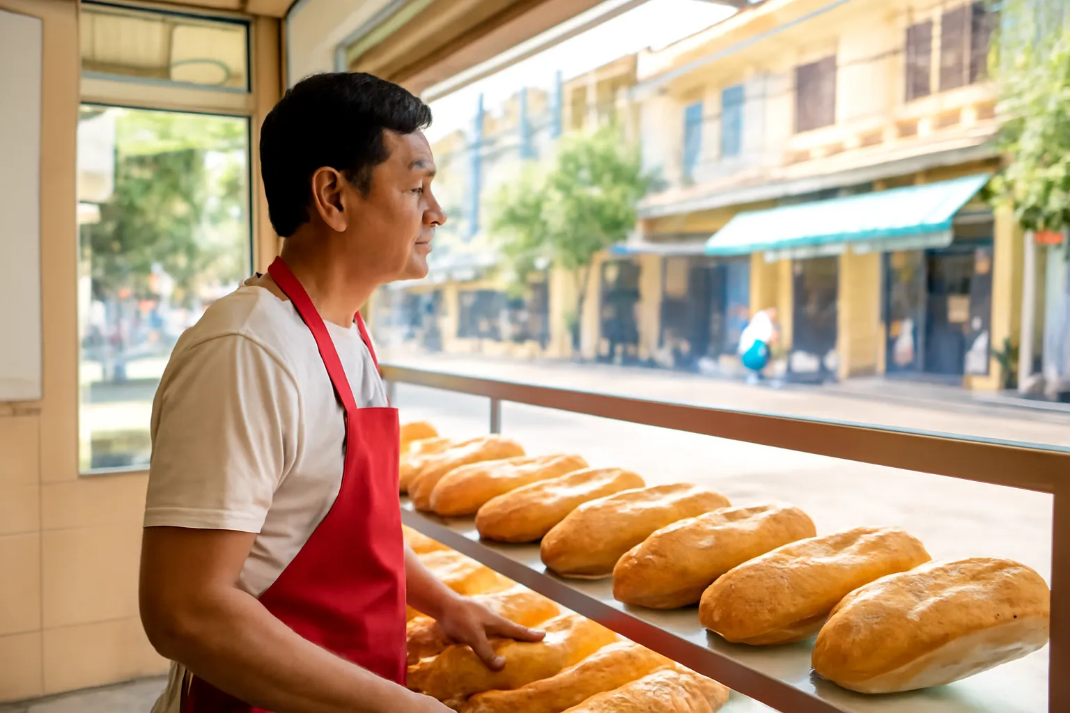 Chủ tiệm bánh mì đứng sau quầy kính sáng sủa nhìn ra đường phố