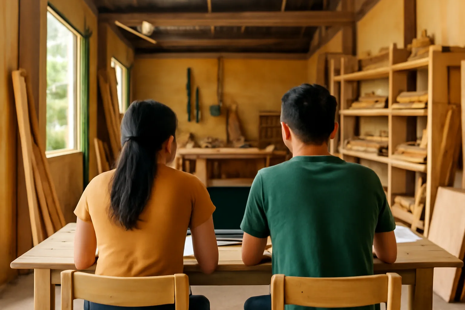 Hai người đồng sáng lập ngồi bàn gỗ trong xưởng mộc nhỏ, chụp từ phía sau