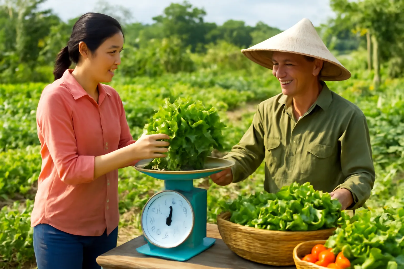 Người mua cân rau ở vườn ngoại ô, nông dân đứng nghiêng cạnh rổ rau