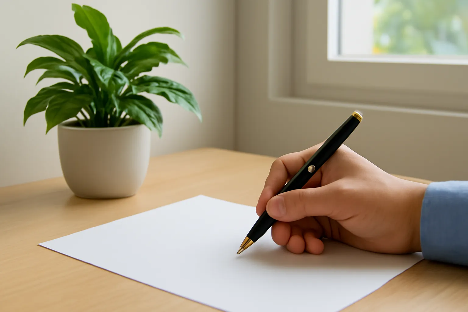 Bàn tay ký vào tờ giấy trắng trên bàn gỗ văn phòng nhỏ có chậu cây