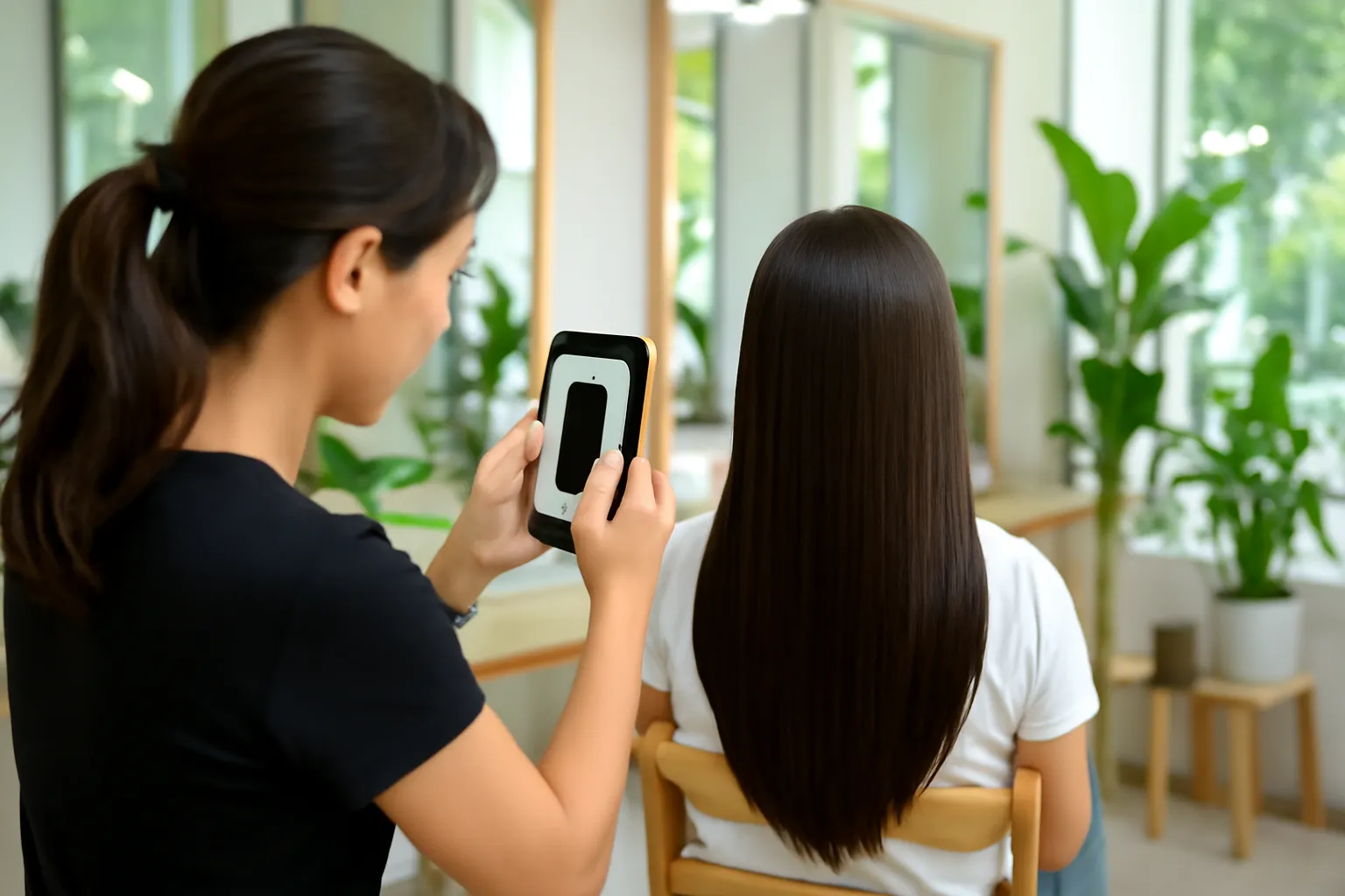 Thợ làm tóc chụp ảnh mái tóc khách từ phía sau trong salon