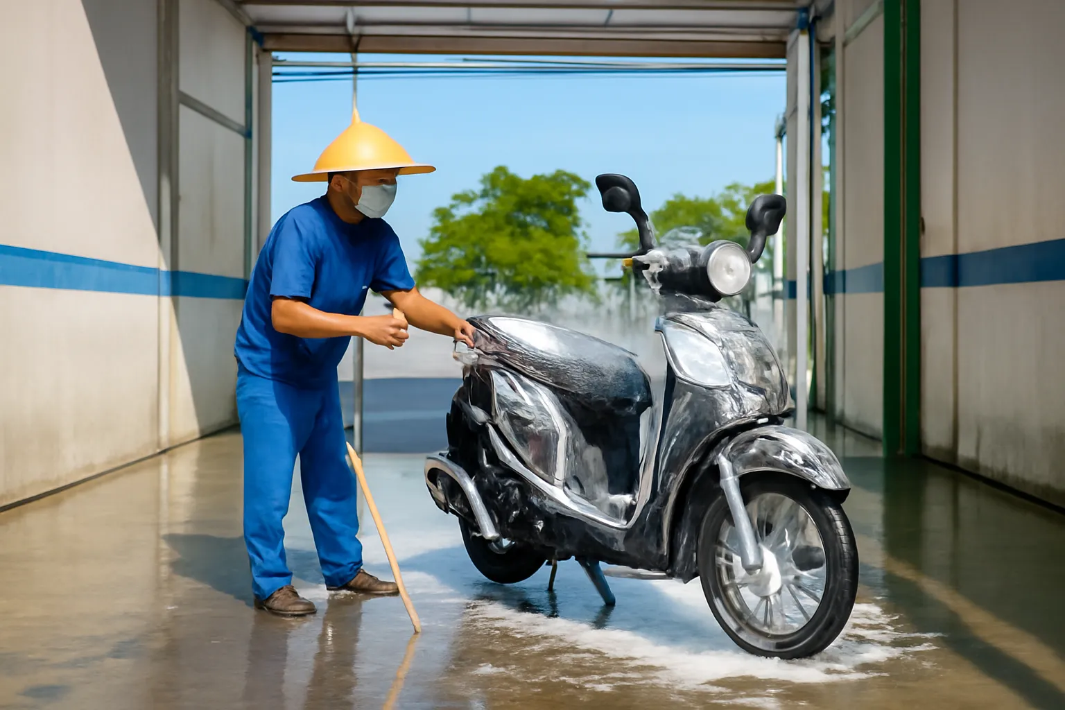 Thợ rửa xe máy bằng vòi nước trong tiệm rửa xe sáng sủa, bọt trắng