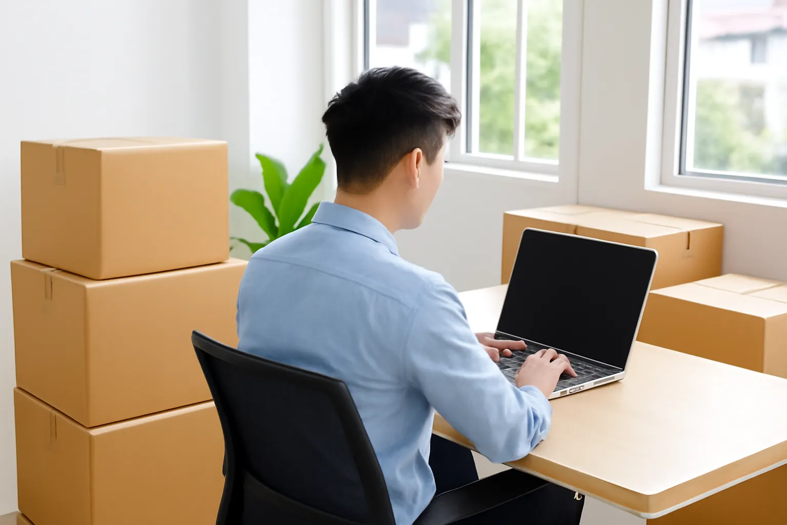 Người trẻ ngồi bàn trong phòng mới sơn cạnh thùng carton, laptop màn hình mờ