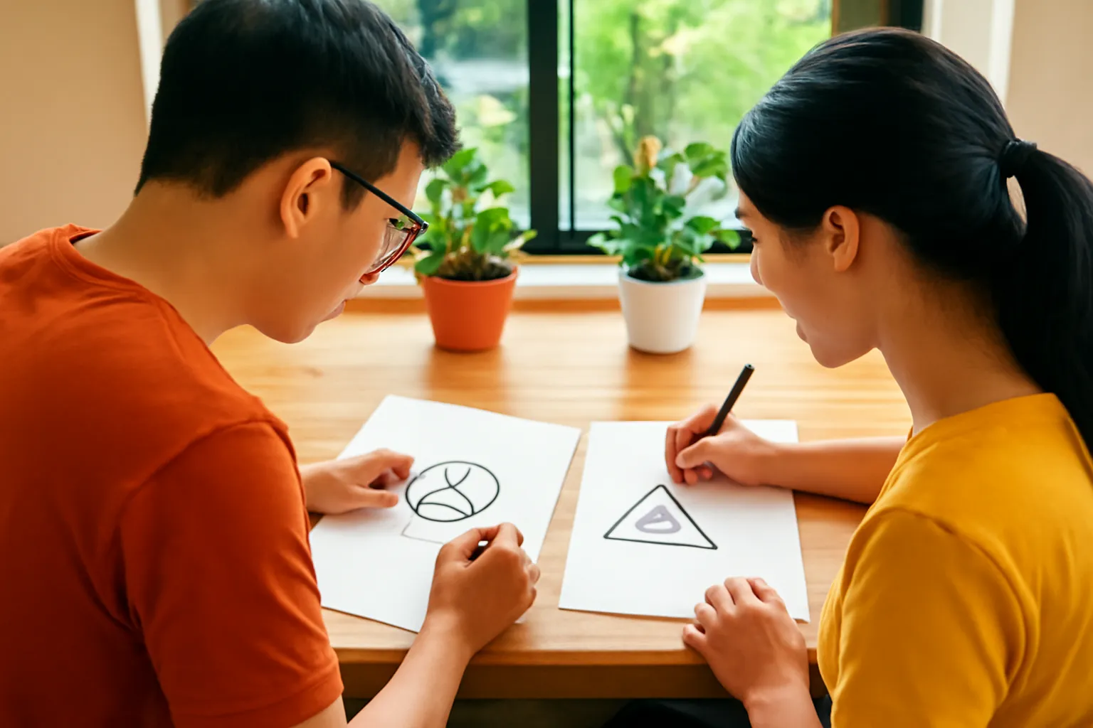 Hai người trẻ ngồi bàn gỗ quán cà phê phác thảo logo trên giấy trắng