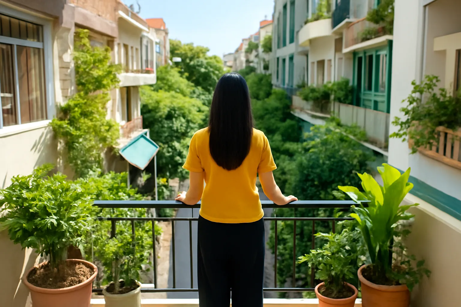 Người phụ nữ đứng ban công nhà phố nhìn xuống con hẻm nhiều cây xanh