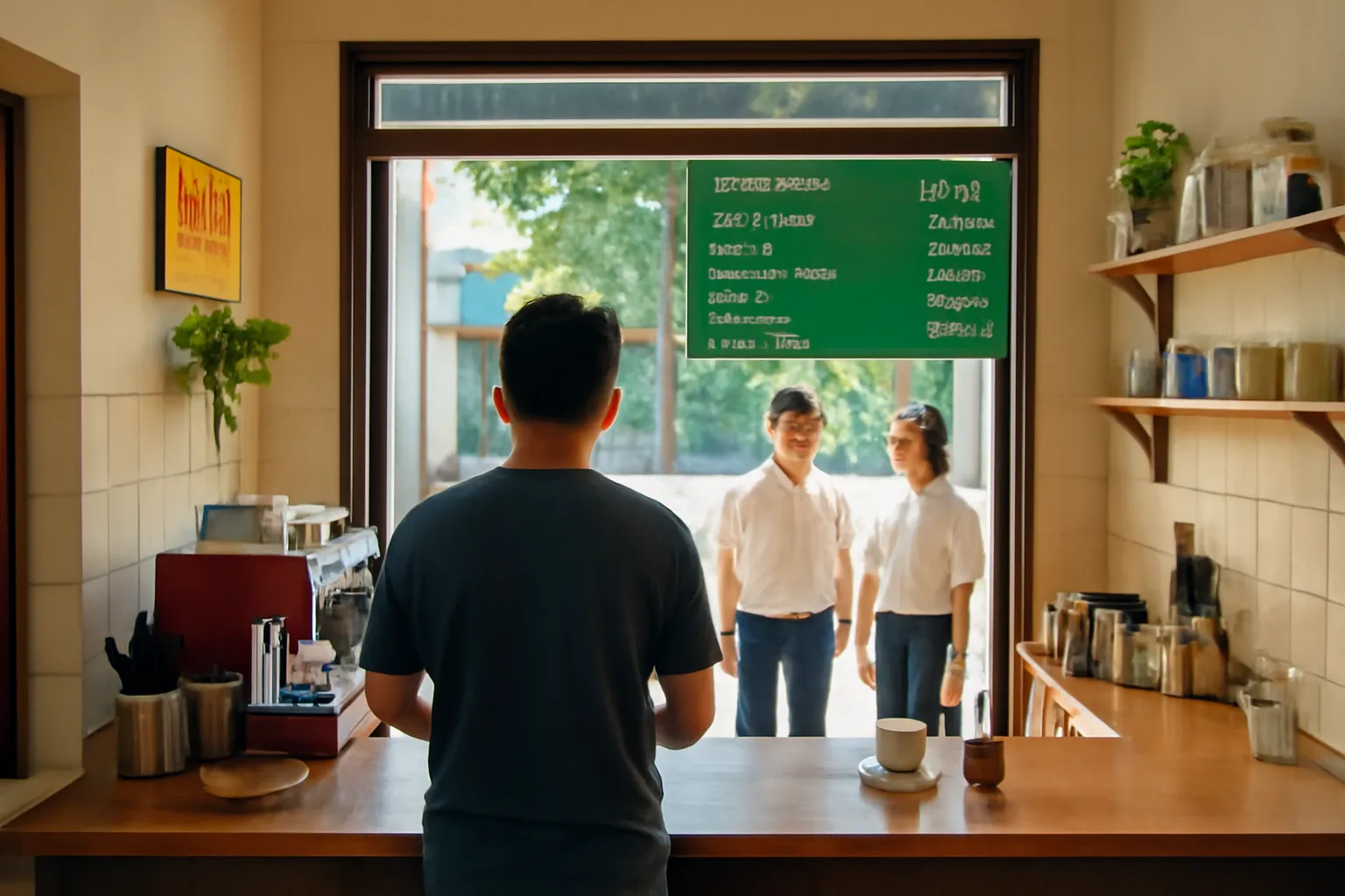 Quầy cà phê nhỏ buổi sáng, chủ quán sau quầy và hai người đứng ở cửa