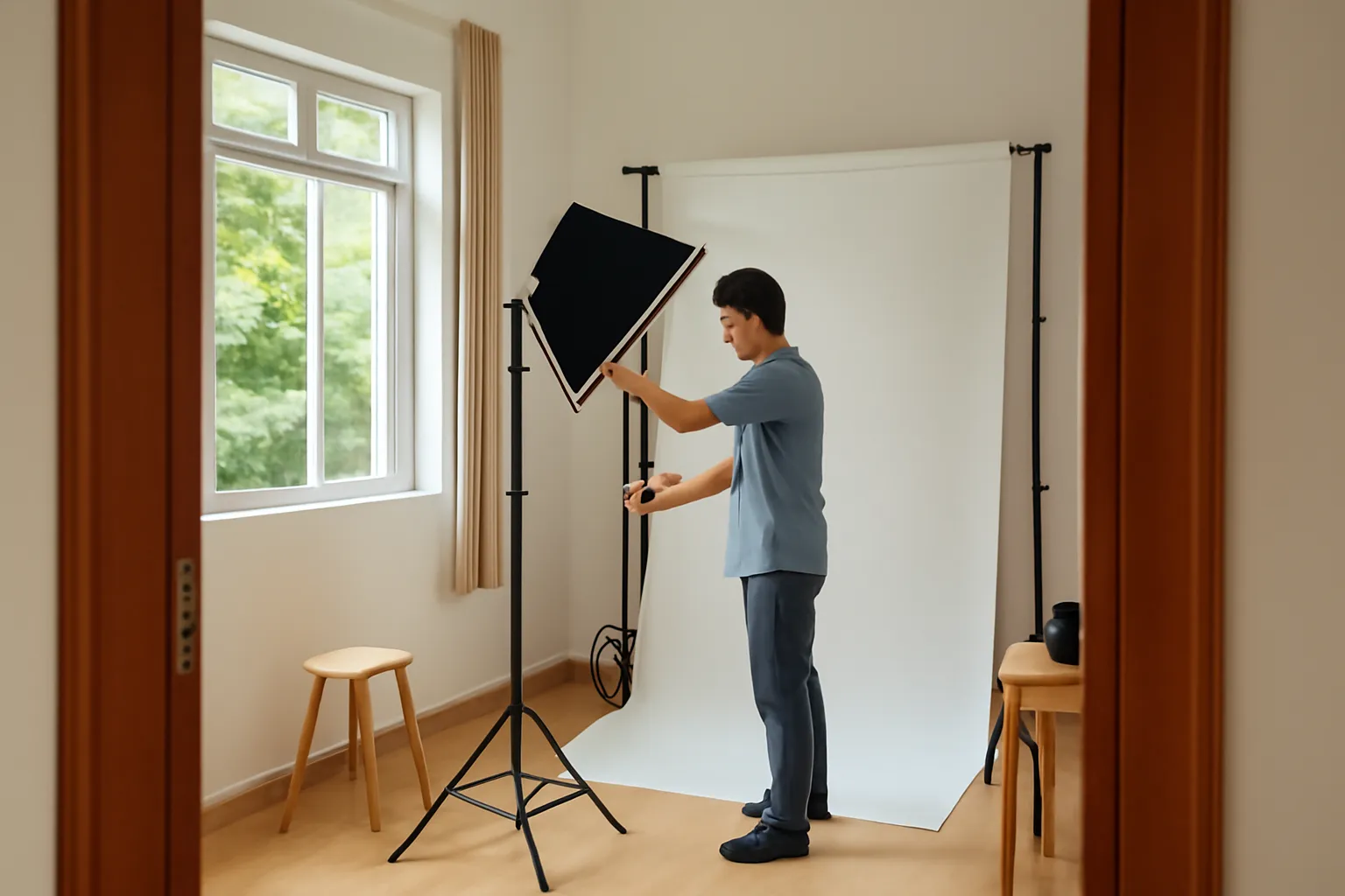 Góc studio chụp ảnh nhỏ tại nhà, người đang chỉnh đèn chiếu sáng