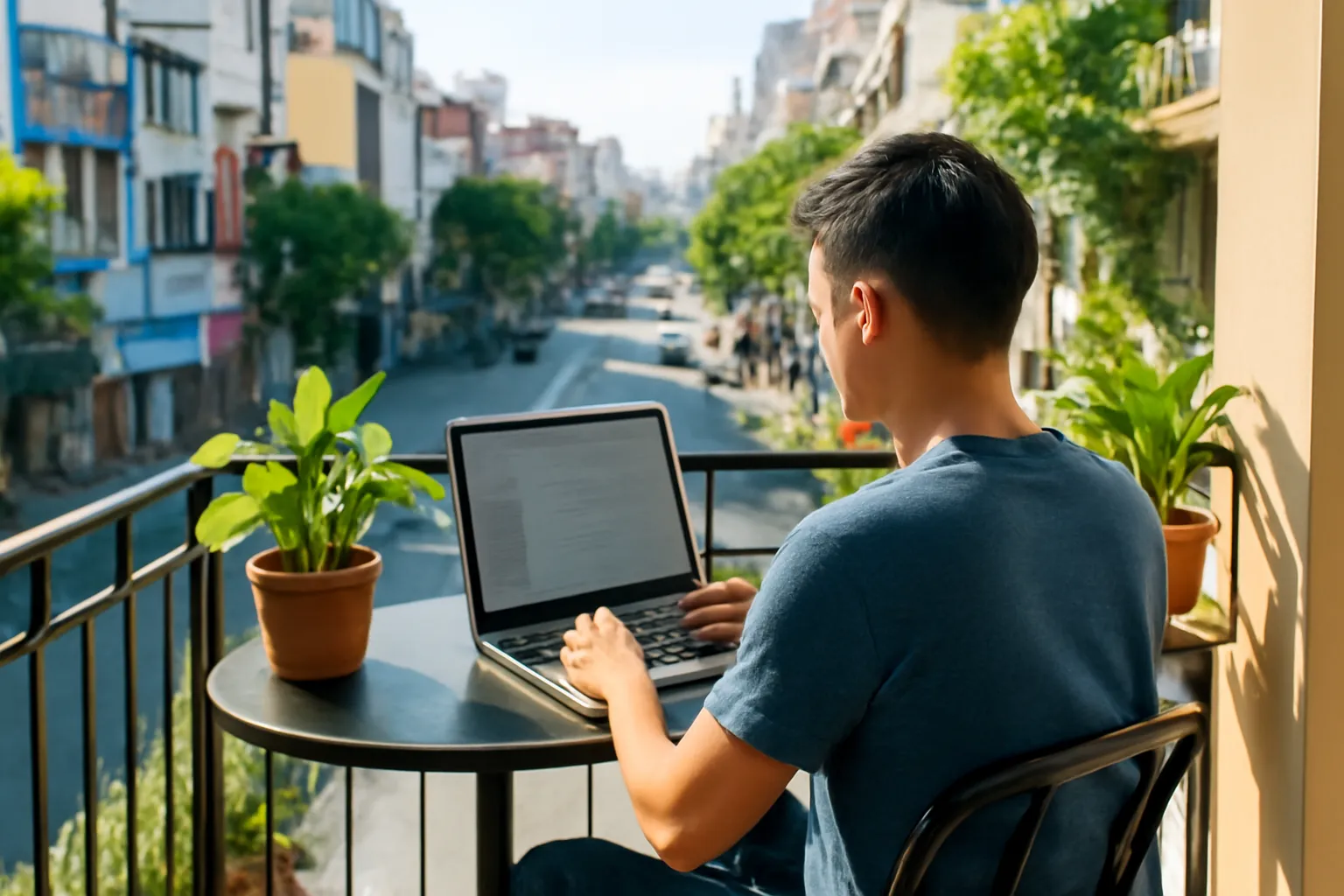 Người làm tự do ngồi ban công quán cà phê làm việc trên laptop buổi sáng