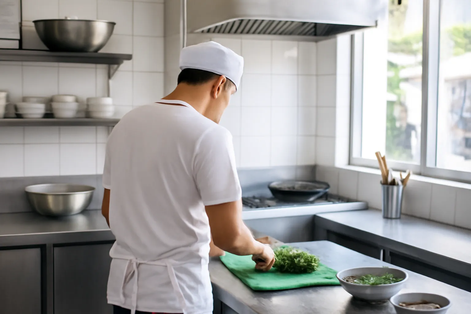 Bếp quán ăn nhỏ inox sạch sẽ, đầu bếp đội mũ đứng quay lưng thái rau