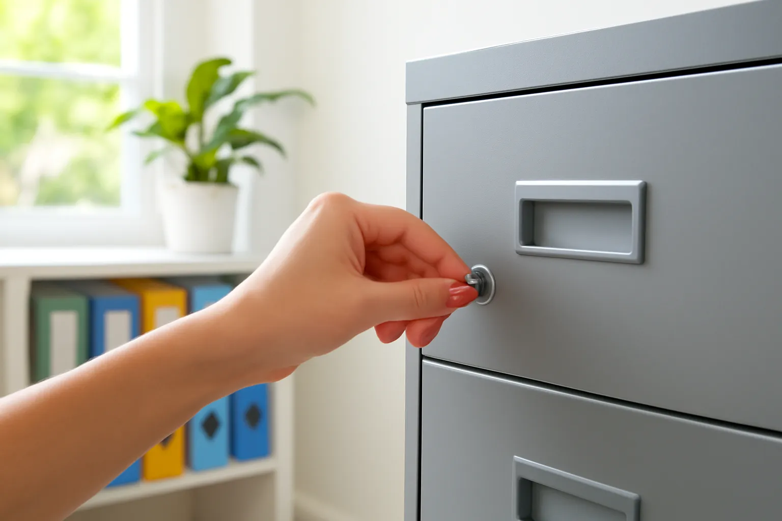 Tay người đang khoá ngăn tủ hồ sơ trong văn phòng nhỏ sáng sủa