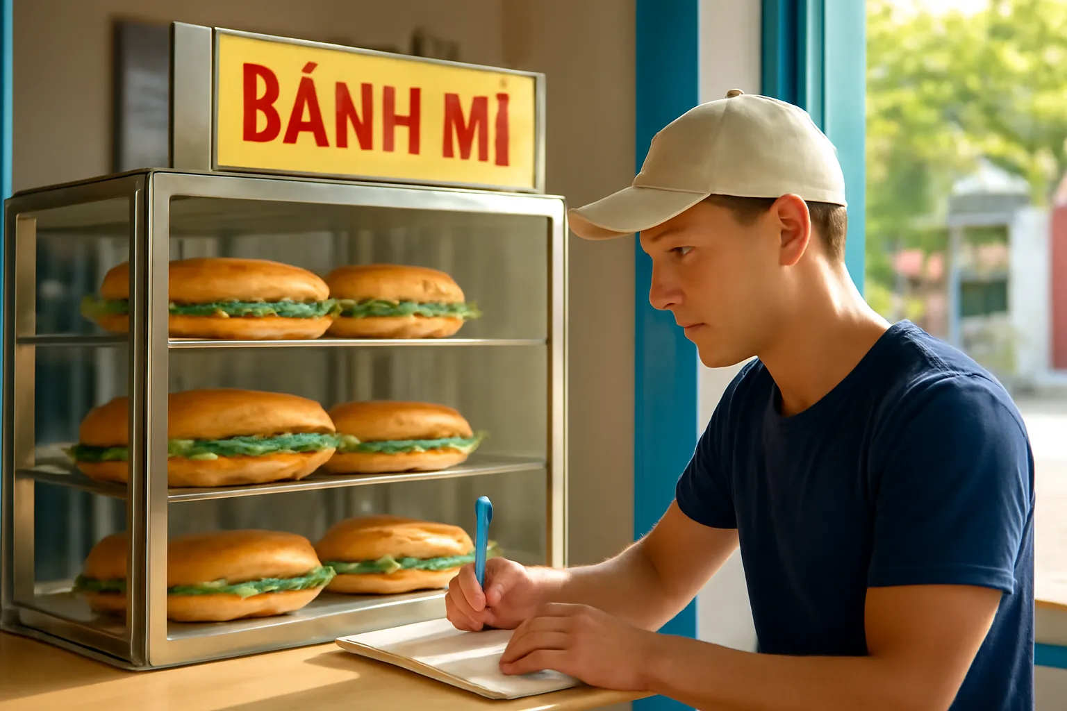 Chủ tiệm bánh mì ghi sổ tay trên quầy inox cạnh tủ kính bánh