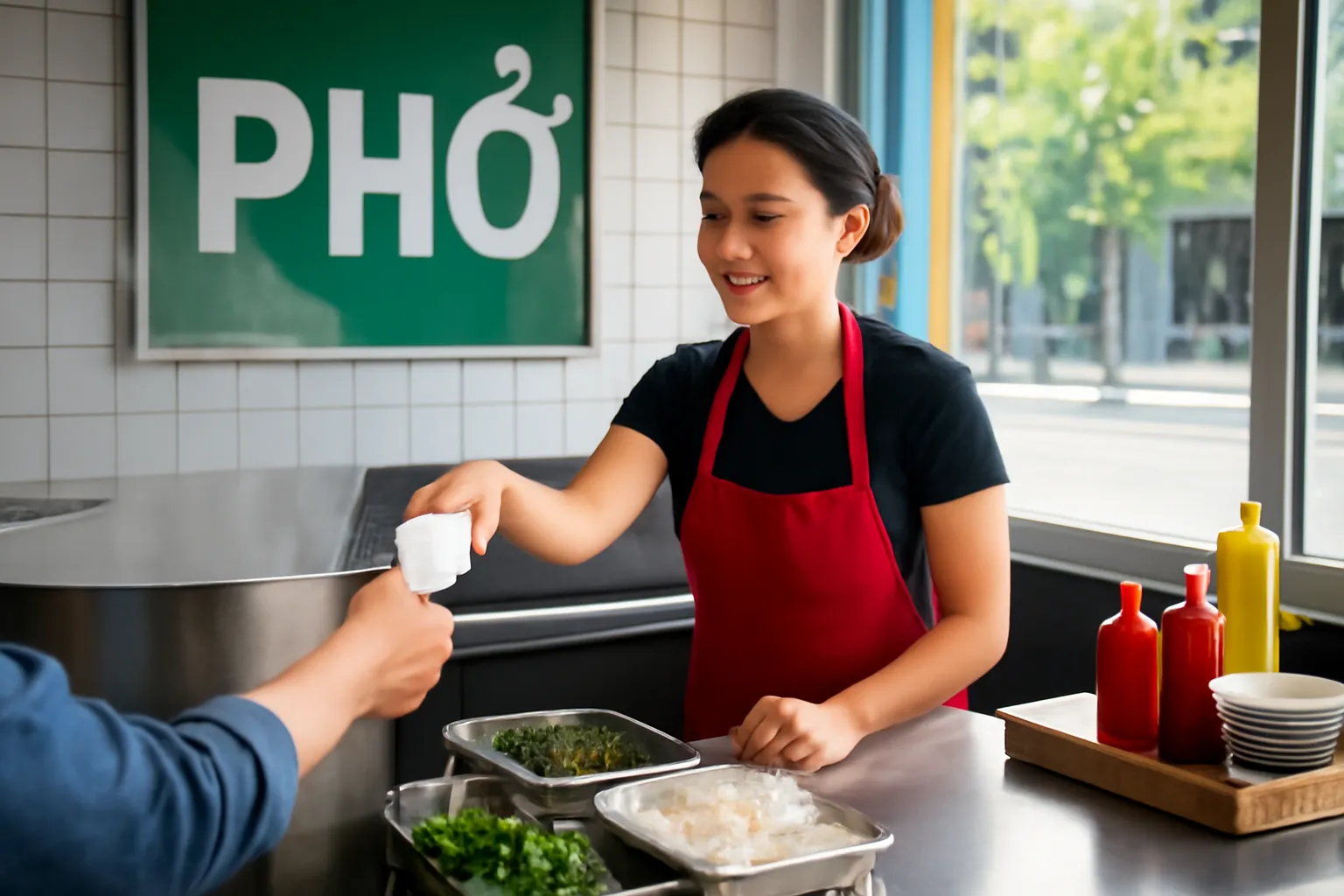 Quầy quán phở buổi sáng, nhân viên đưa tờ bill trắng cho khách
