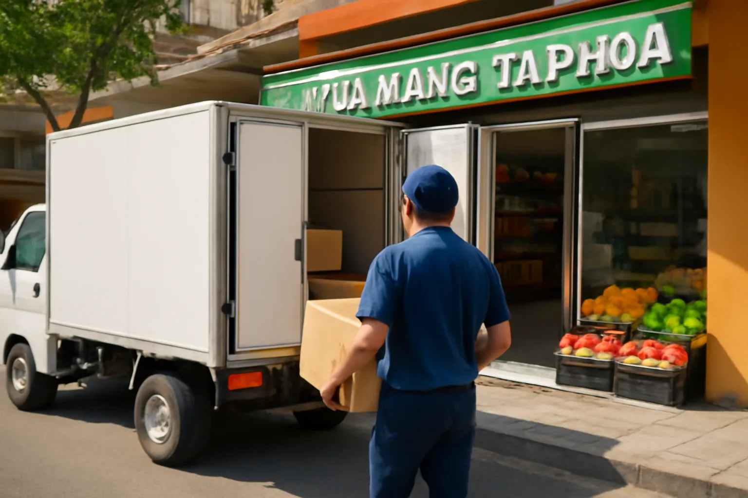 Xe tải nhỏ dỡ thùng hàng trước cửa tiệm tạp hoá, người bốc hàng quay lưng