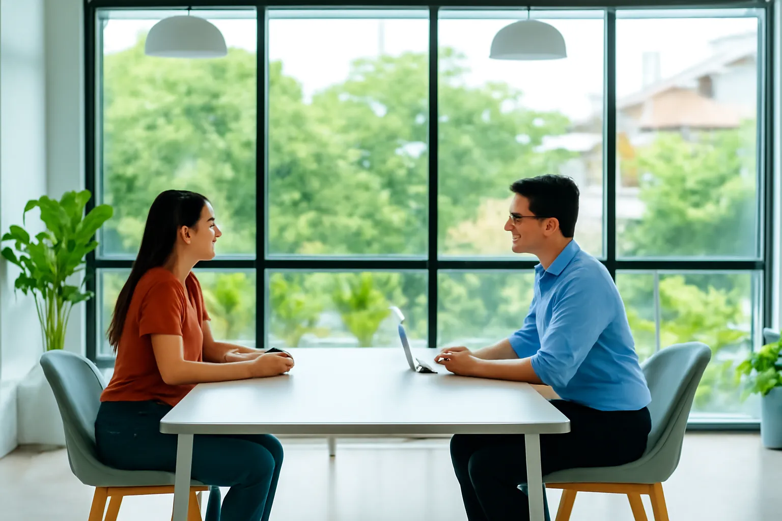 Hai người ngồi đối diện bên bàn họp sáng sủa cạnh vách kính lớn