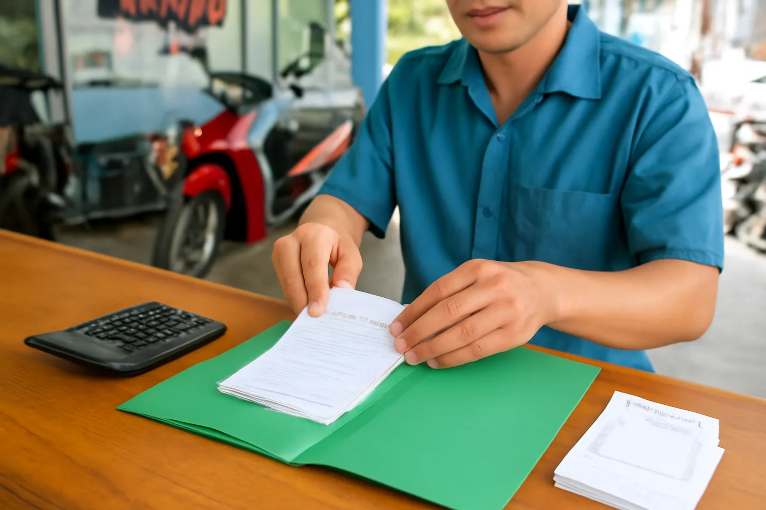 Tay chủ tiệm sửa xe máy xếp xấp hoá đơn vào bìa kẹp trên quầy