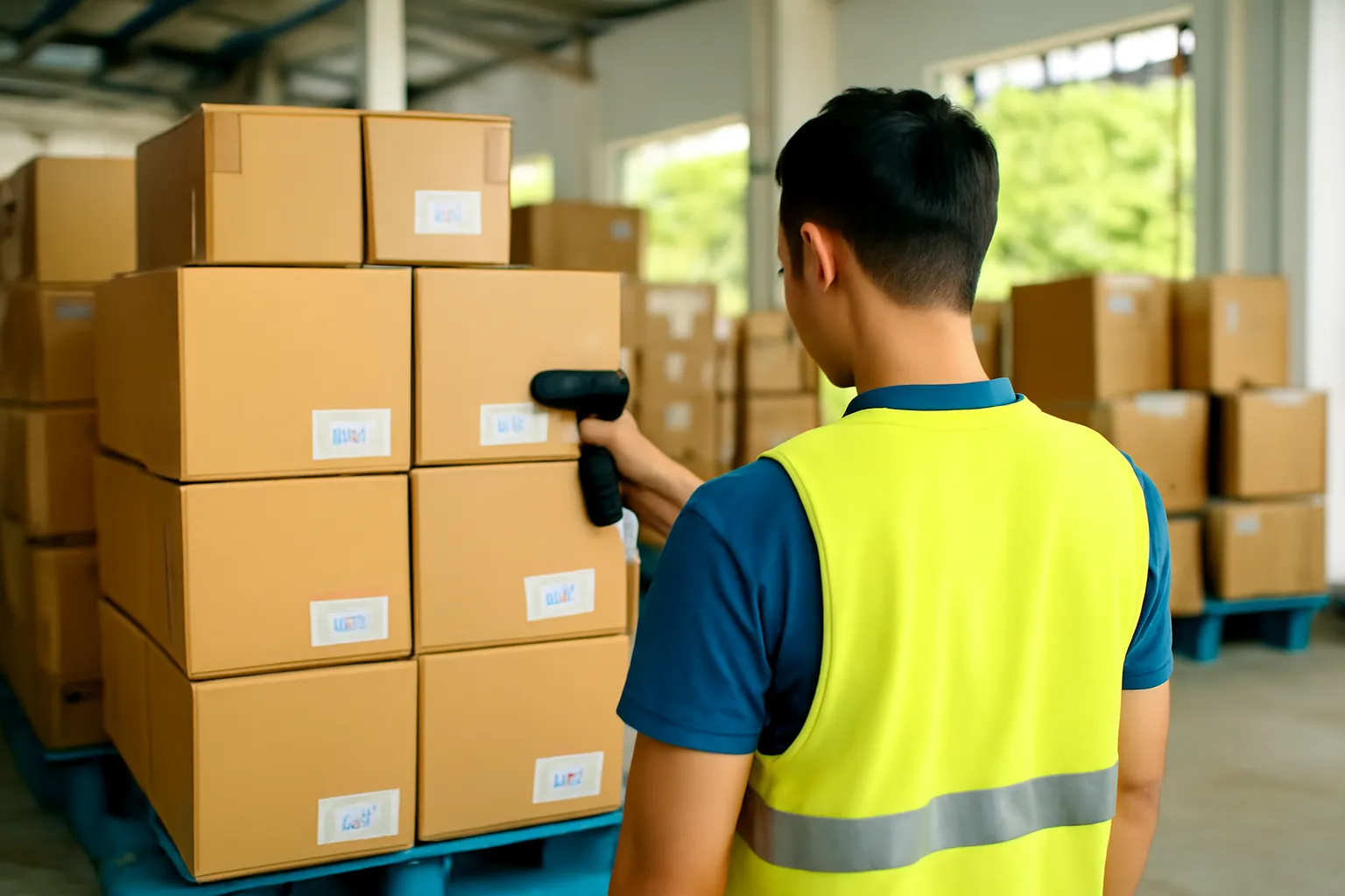 Nhân viên kho kiểm đếm pallet hàng bằng máy quét cầm tay, chụp từ sau