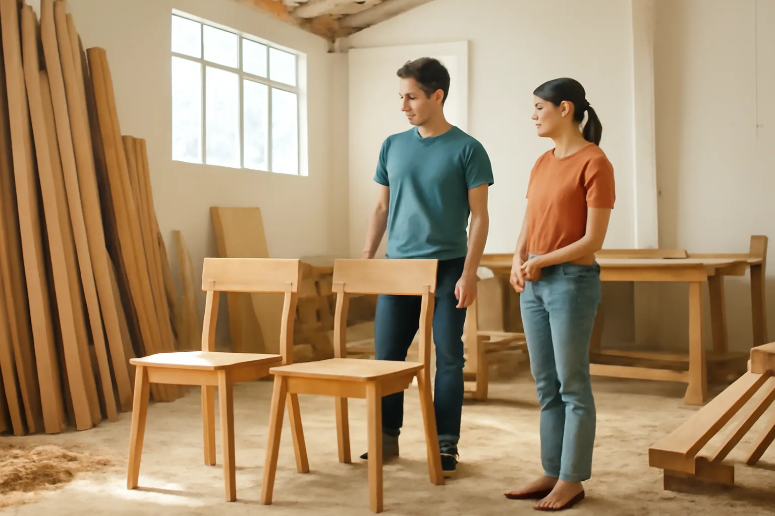 Hai người đứng xem mẫu ghế gỗ trong xưởng đồ gỗ nhỏ sáng sủa