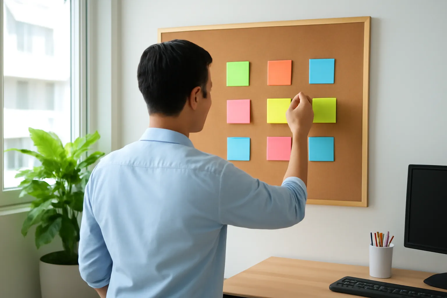Người đứng quay lưng dán giấy màu lên bảng ghim trong văn phòng nhỏ