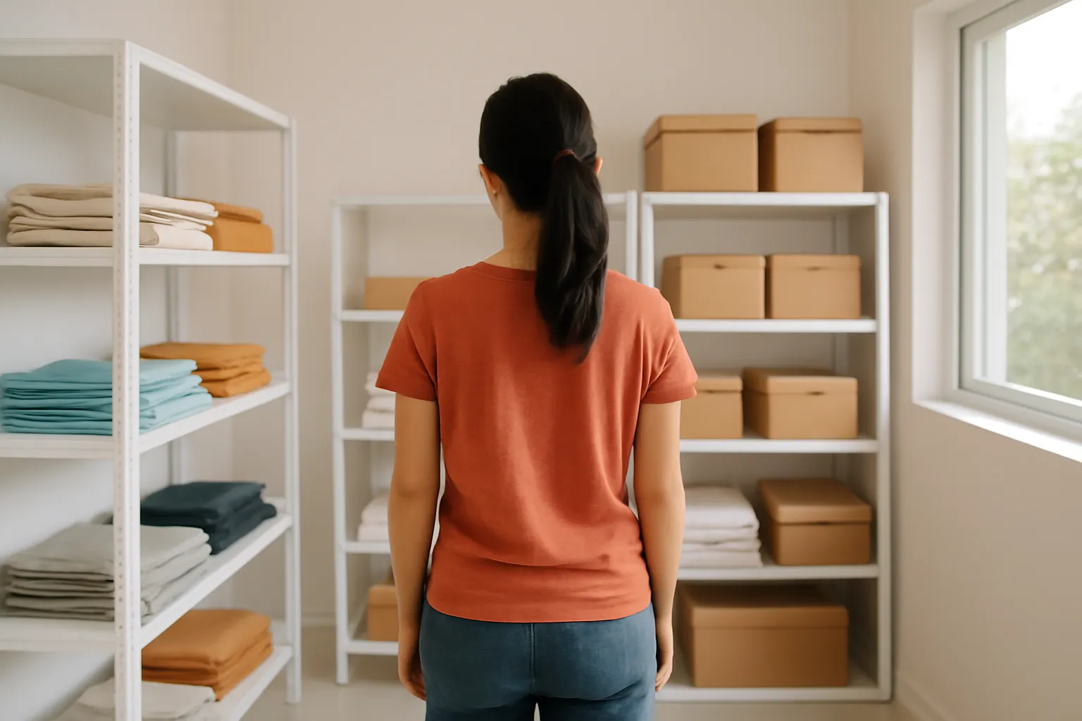 Chủ shop trẻ đứng giữa kho nhỏ có kệ hàng gọn gàng, nhìn từ phía sau
