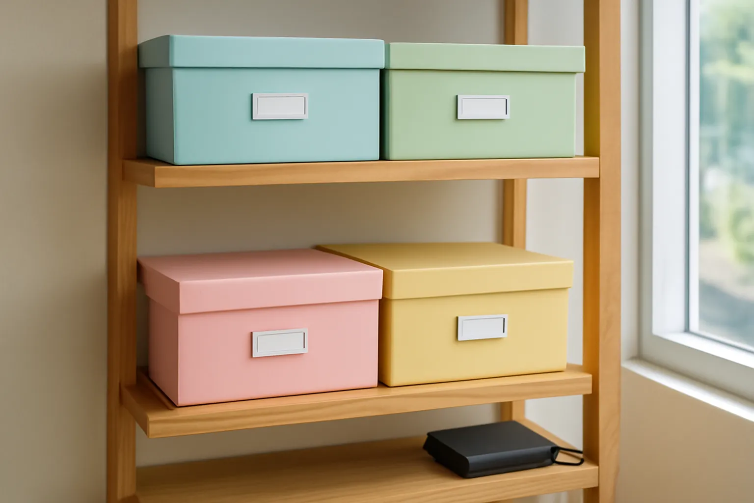 Kệ gỗ xếp hộp lưu trữ màu pastel và ổ cứng nhỏ ở góc phòng sáng