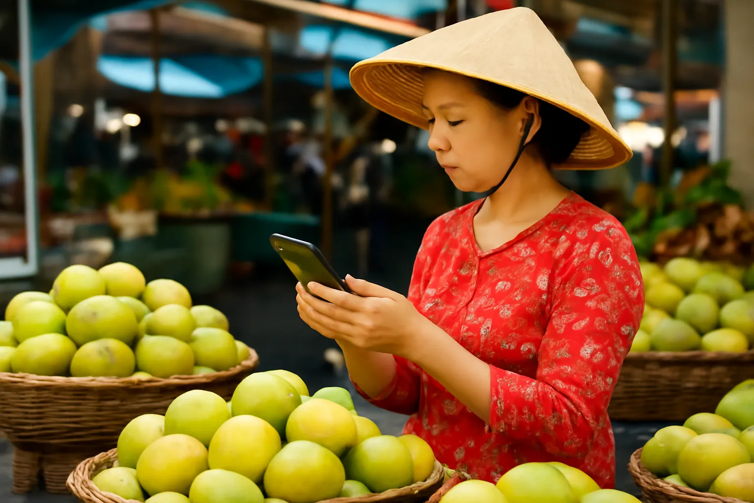 Chủ sạp trái cây ở chợ ngồi nghiêng xem điện thoại giữa giỏ cam xoài