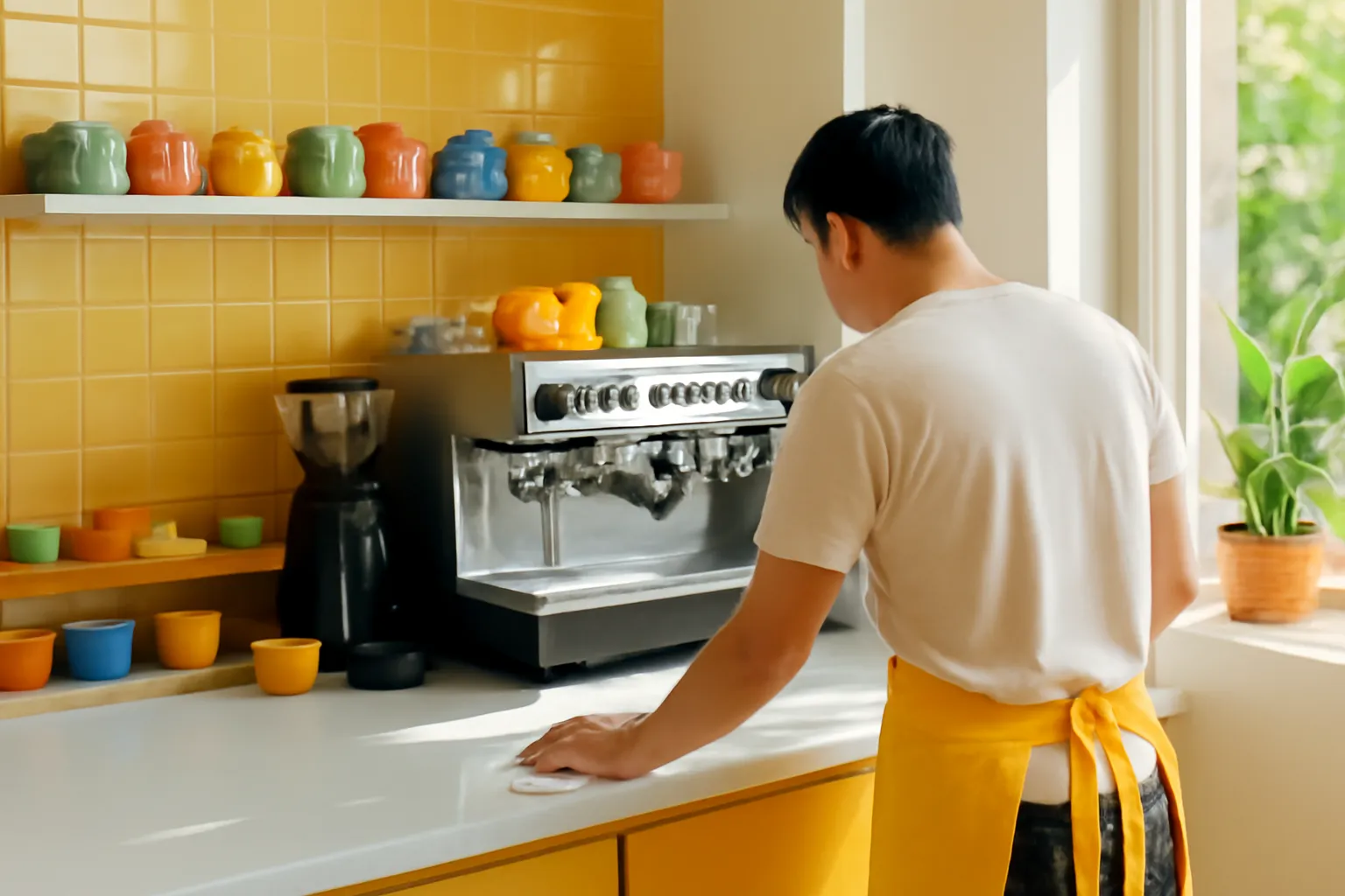 Quầy pha chế quán cà phê mới sáng sủa, chủ quán lau quầy quay lưng