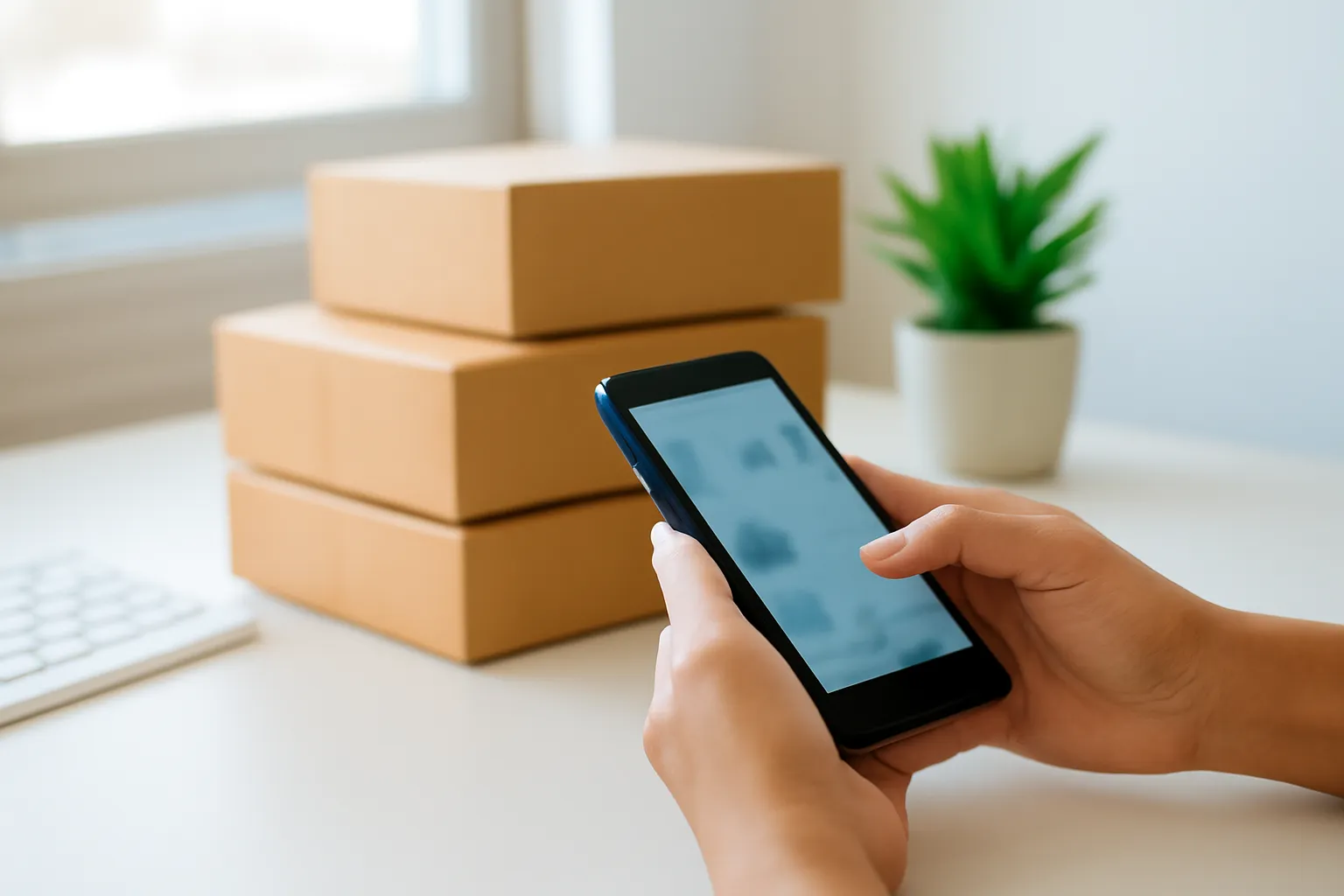 Hai tay soạn tin nhắn trên điện thoại cạnh hộp hàng ở bàn shop online