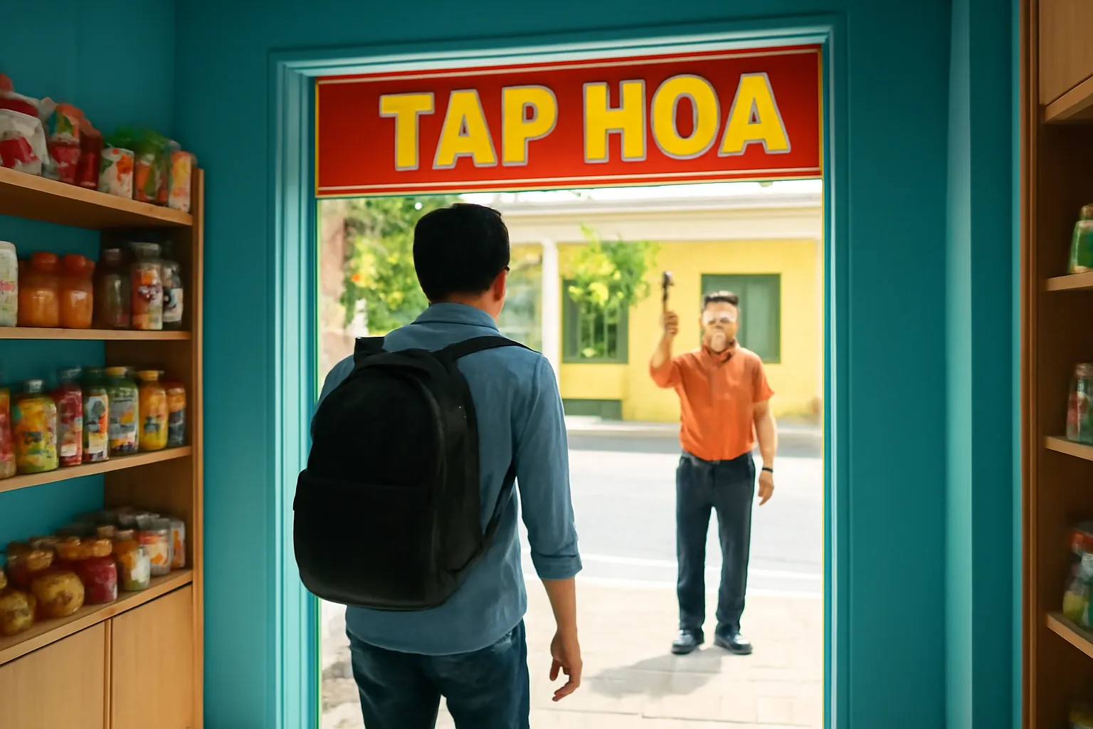 Nhân viên đeo ba lô bước ra khỏi cửa tiệm sáng sủa, chủ tiệm vẫy tay