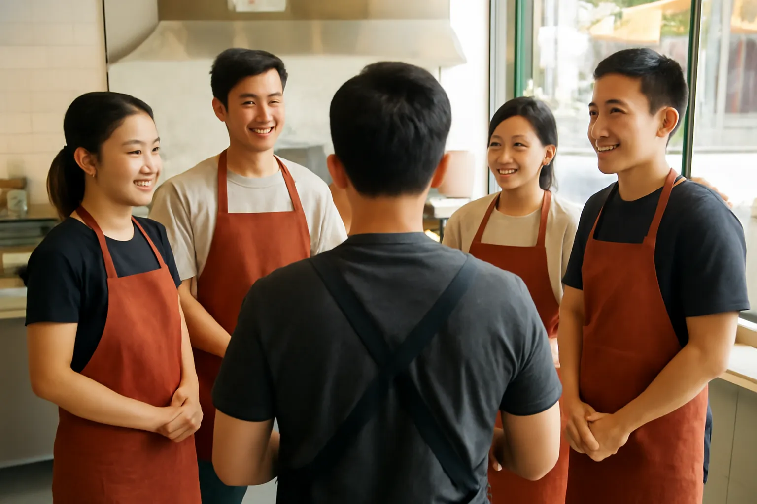 Nhân viên quán phở họp đứng vòng tròn trước giờ mở cửa buổi sáng