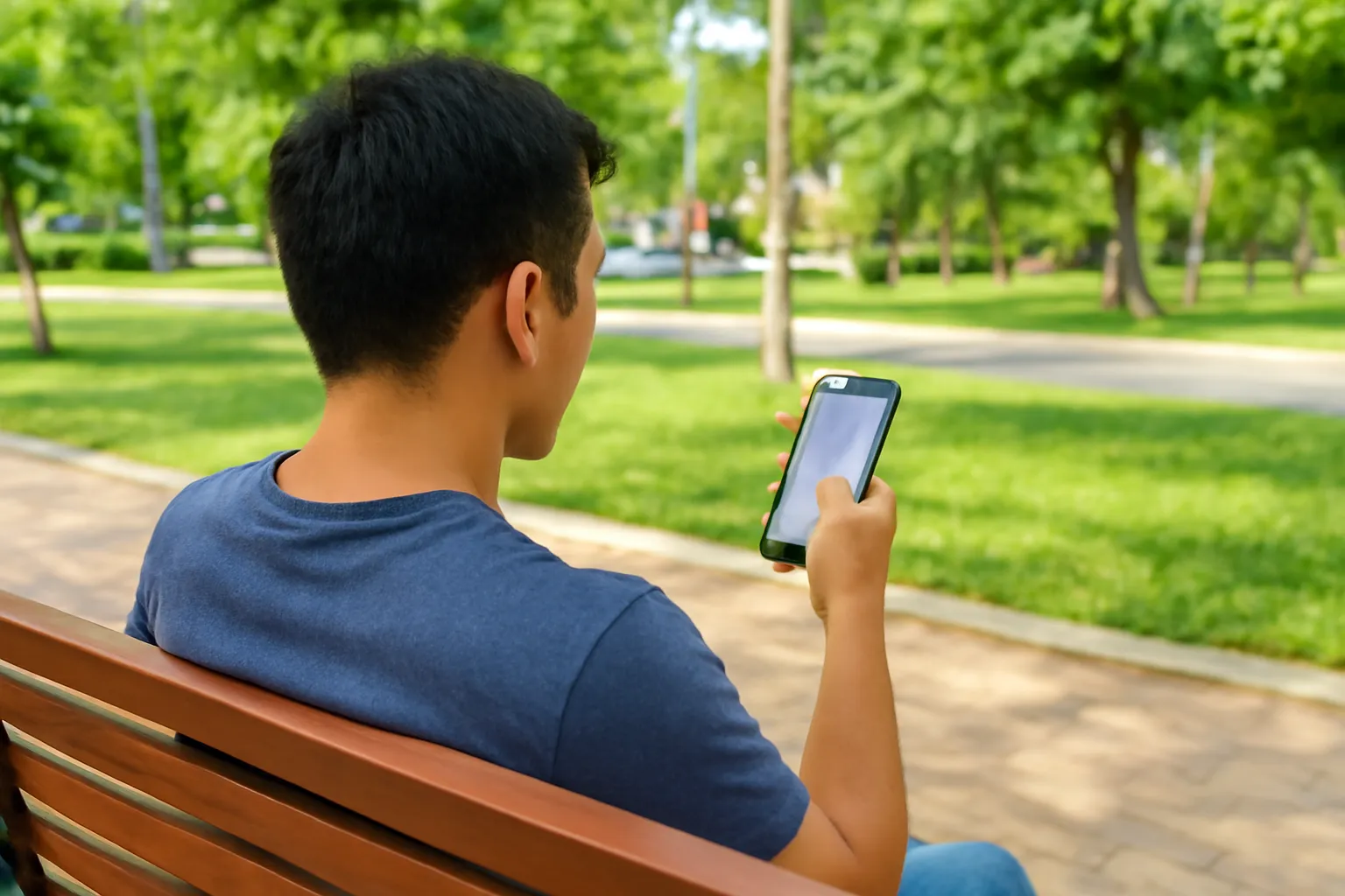 Người đàn ông ngồi ghế đá công viên cầm điện thoại, chụp qua vai