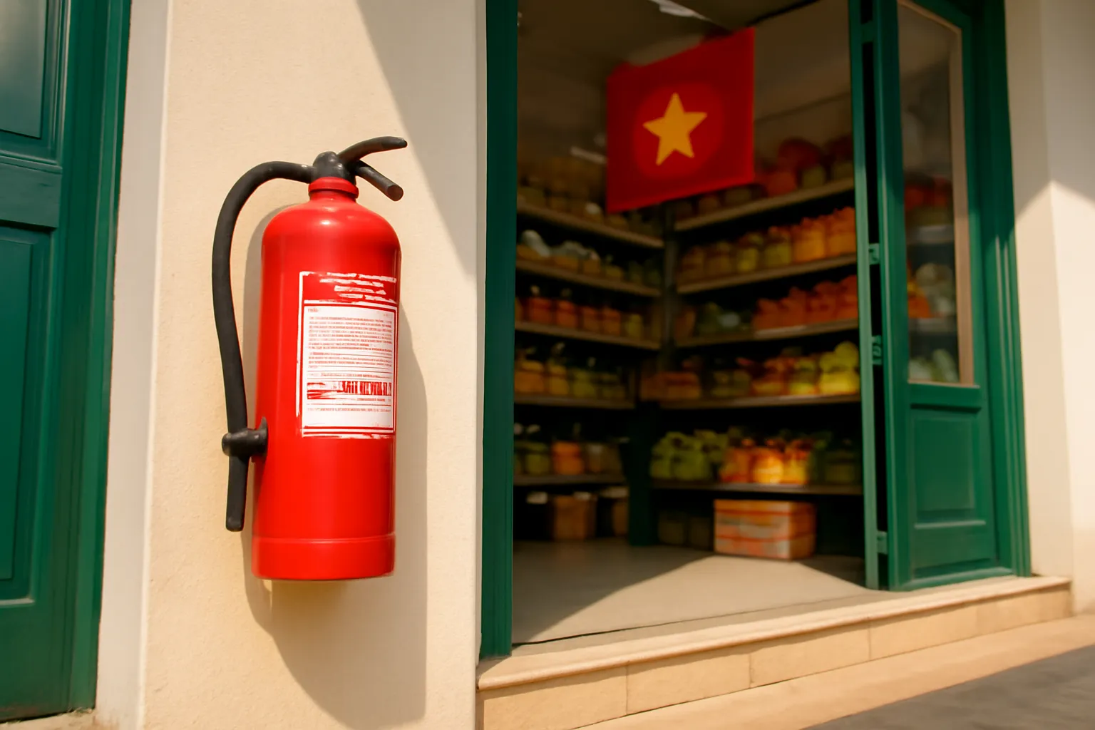 Bình chữa cháy đỏ đặt gần cửa ra vào cửa hàng tạp hoá sáng sủa