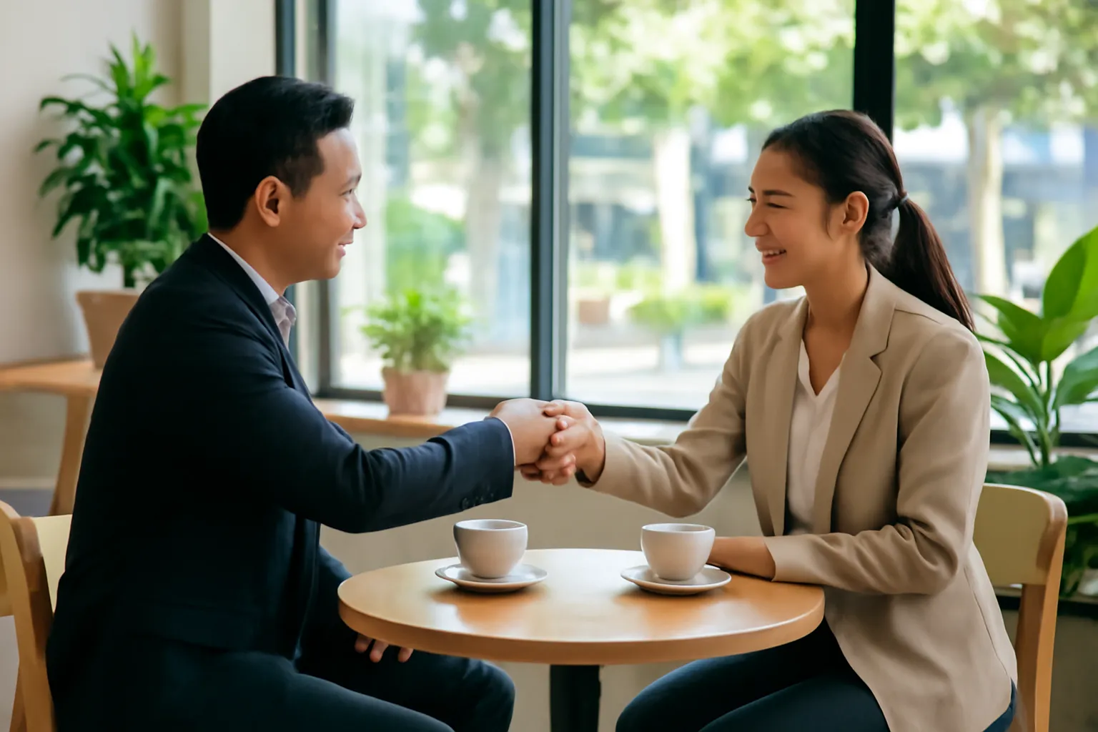 Hai người bắt tay qua bàn ở quán cà phê sáng sủa, nhìn từ xa