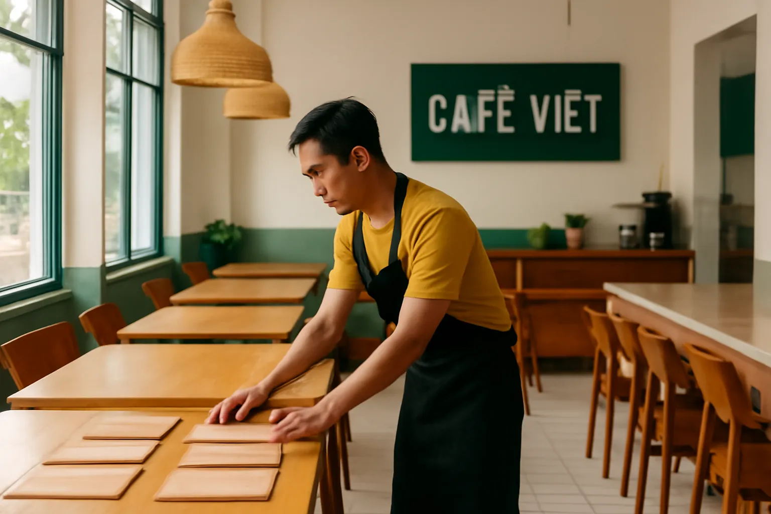 Chủ tiệm cà phê xếp phong bì giấy kraft thành hàng trên bàn dài buổi sáng