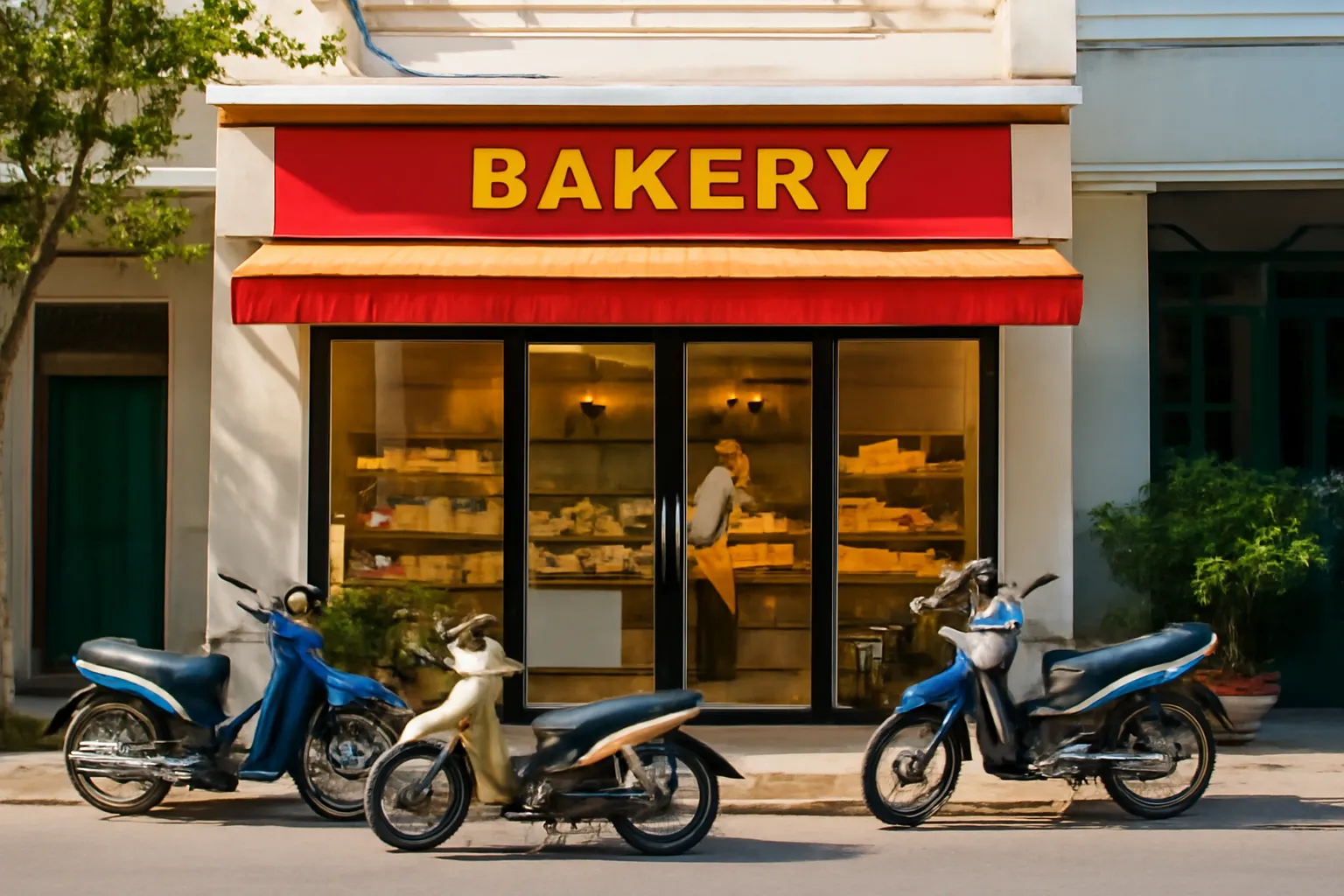 Mặt tiền tiệm bánh mì góc phố buổi sáng với cửa kính và xe máy đậu trước