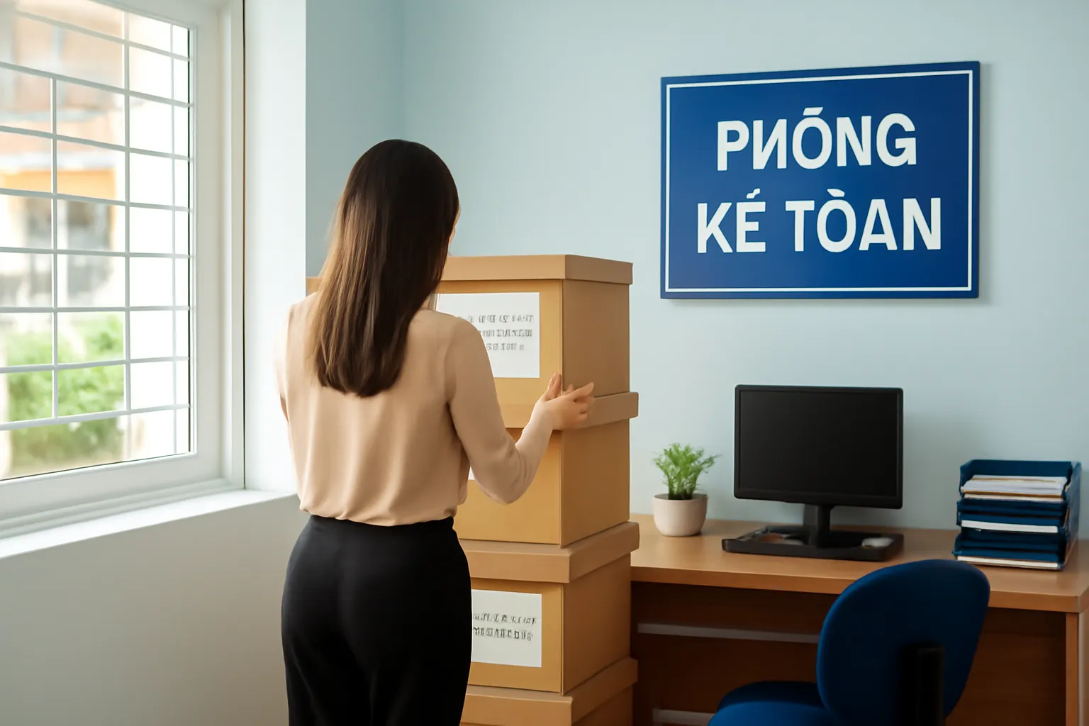 Kế toán nữ xếp thùng hồ sơ trong văn phòng nhỏ nắng chiều, chụp từ cửa
