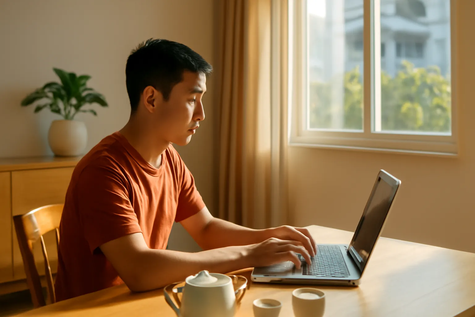 Người đàn ông ngồi bàn ăn gia đình buổi chiều làm việc bên laptop và ấm trà