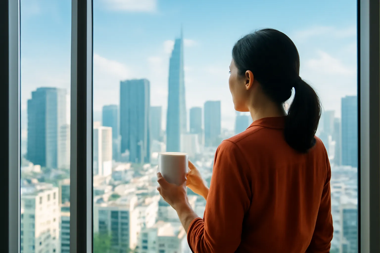 Người thiết kế đứng bên cửa sổ căn hộ cao tầng nhìn ra thành phố buổi sáng