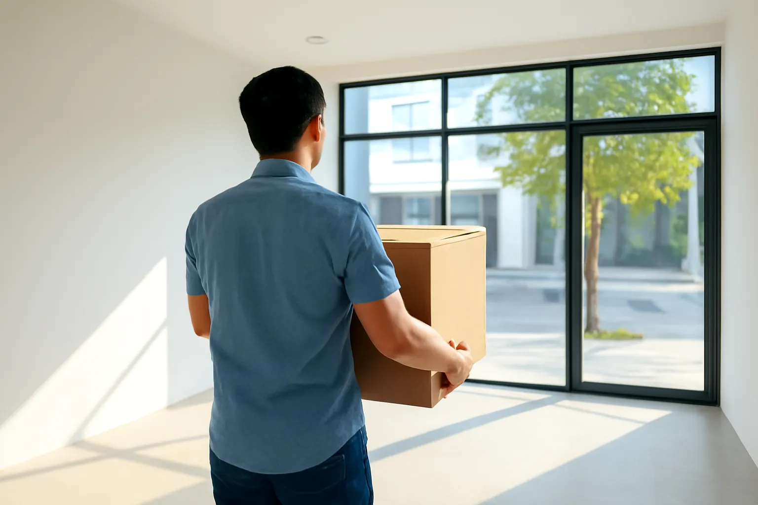 Người đàn ông khiêng thùng carton vào mặt bằng mới tường trắng, nắng qua cửa kính