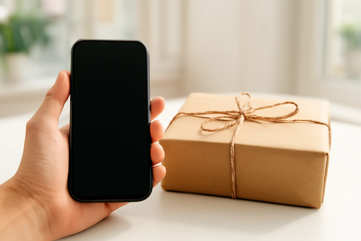 Tay cầm điện thoại tắt màn hình cạnh gói hàng đã đóng trên quầy