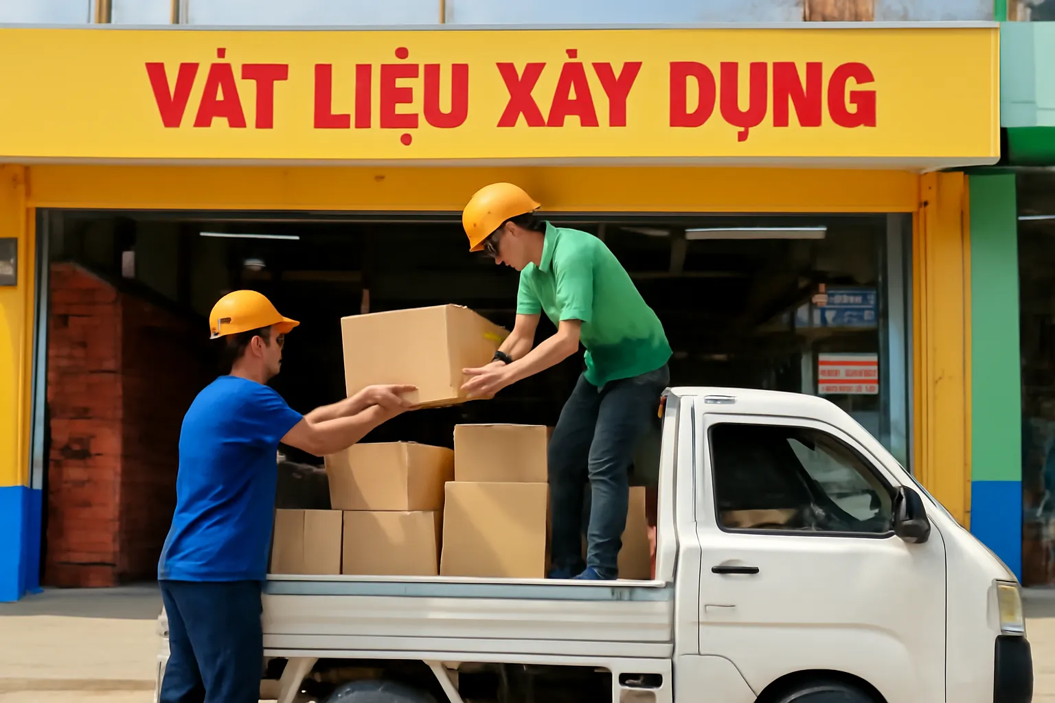 Hai người khiêng thùng hàng từ xe tải nhỏ vào cửa hàng vật liệu