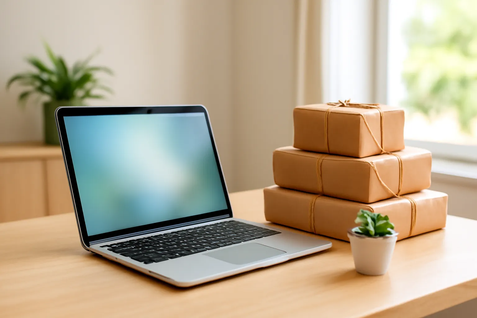 Laptop mở trên bàn gỗ cạnh hộp hàng và chậu cây nhỏ