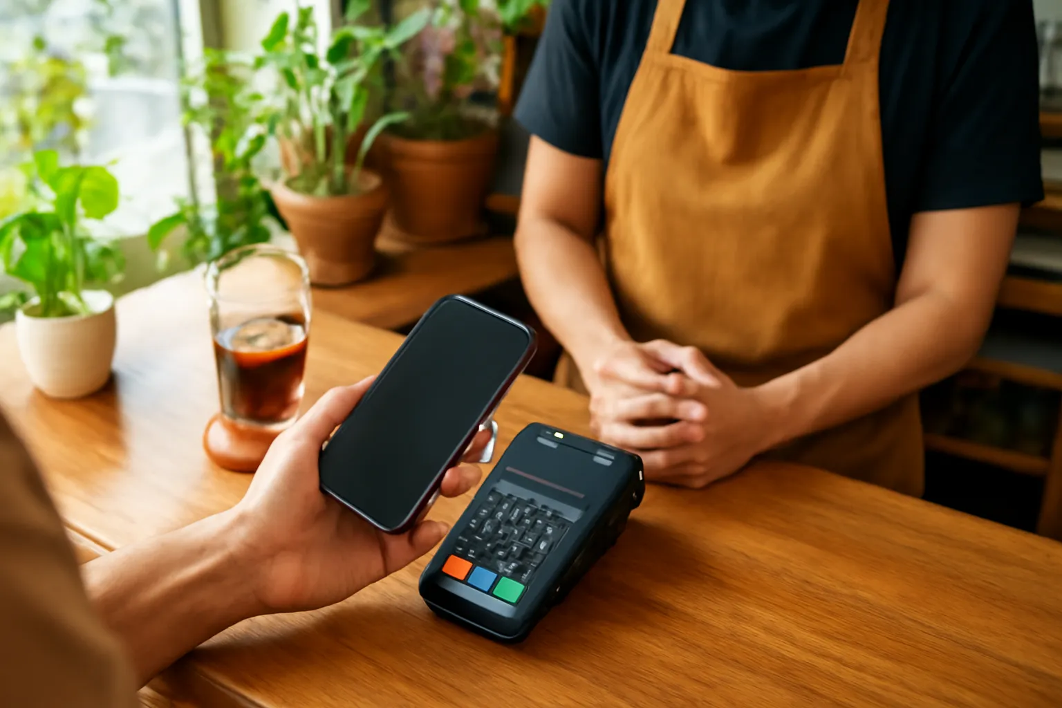 Khách cầm điện thoại cạnh máy tính tiền ở quầy tiệm cà phê