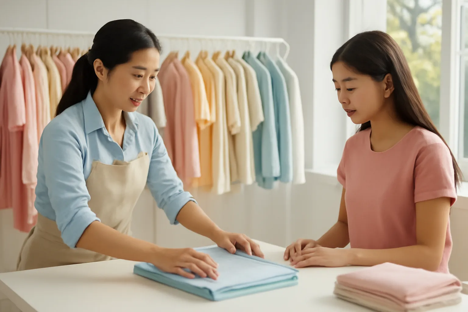 Người quản lý hướng dẫn nhân viên mới gấp áo tại shop thời trang