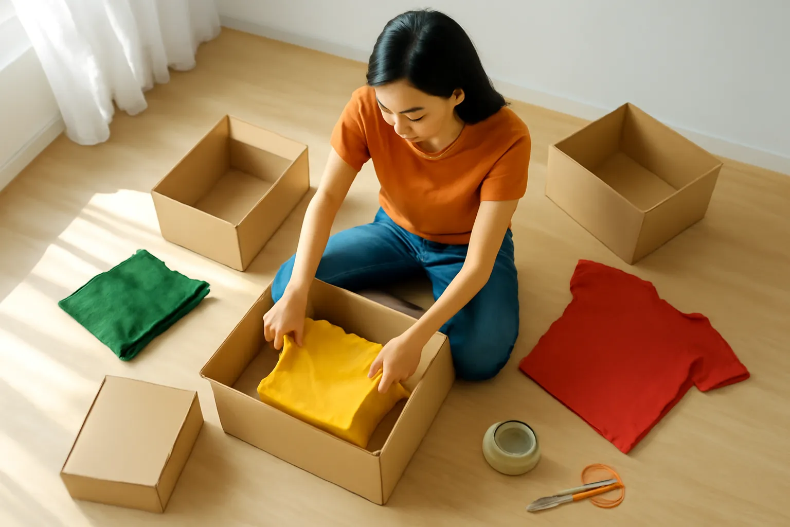 Người bán ngồi giữa các hộp carton gói hàng trên sàn nhà sáng sủa