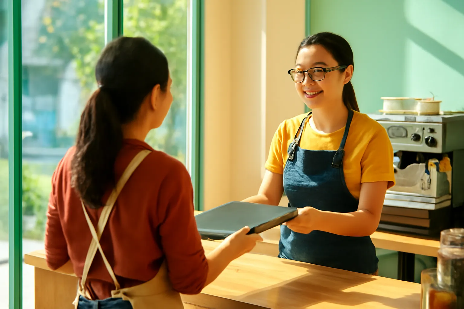 Chủ quán cà phê đưa tập hồ sơ cho nhân viên pha chế mới qua quầy gỗ